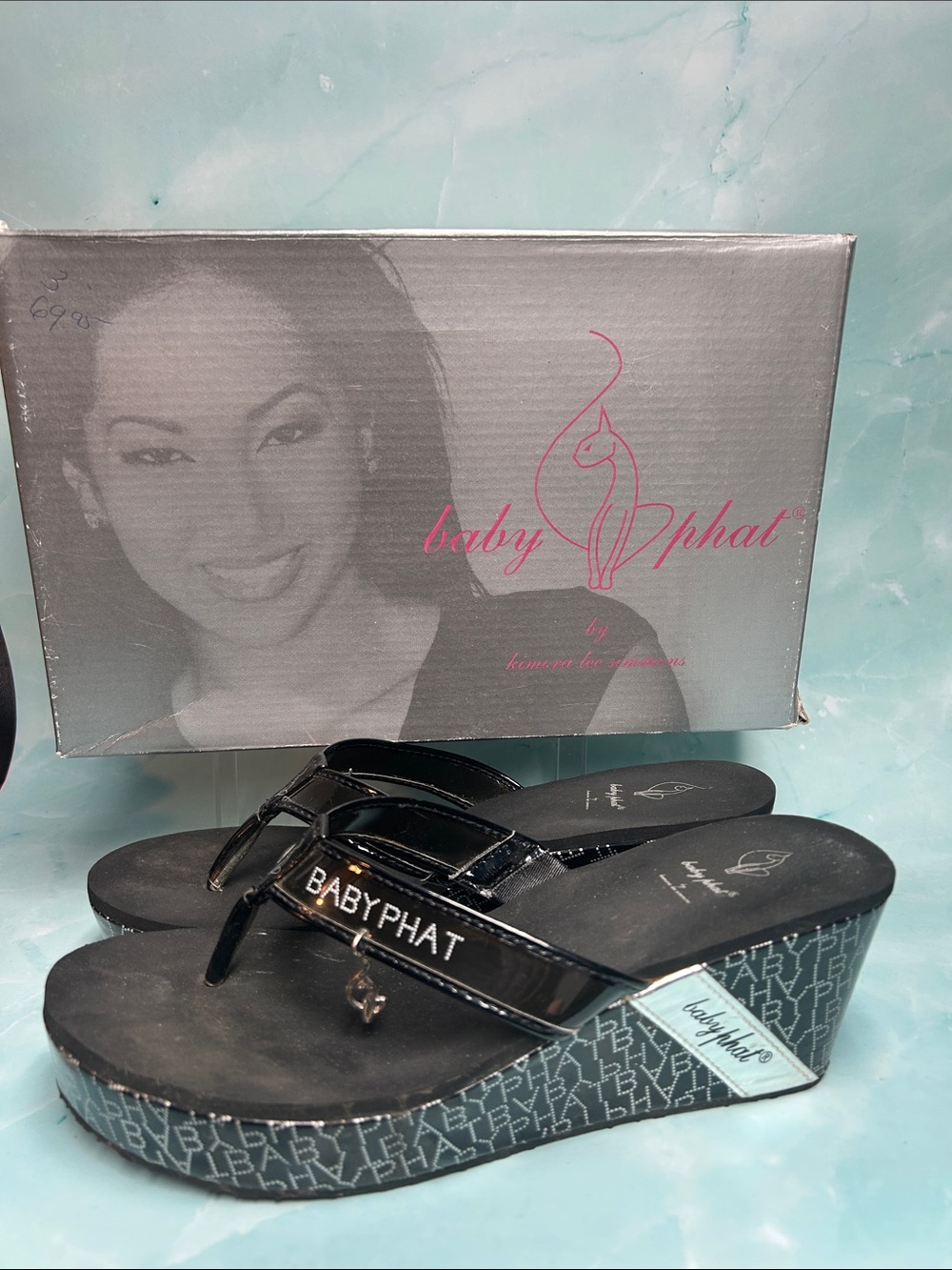 Baby Phat Black Patent Platform Wedge Sandals with Logo Trim